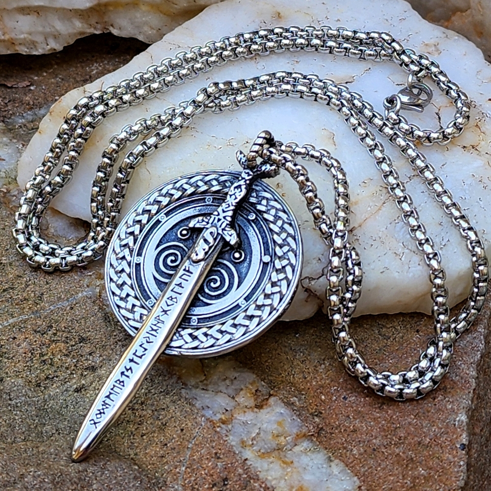 Swords Runes Unique Unixex Necklace for Men Silver Necklace Pendant Gift Man